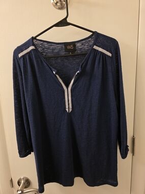 3/$6 Deal Navy Blue Embroidered V-Neck Top